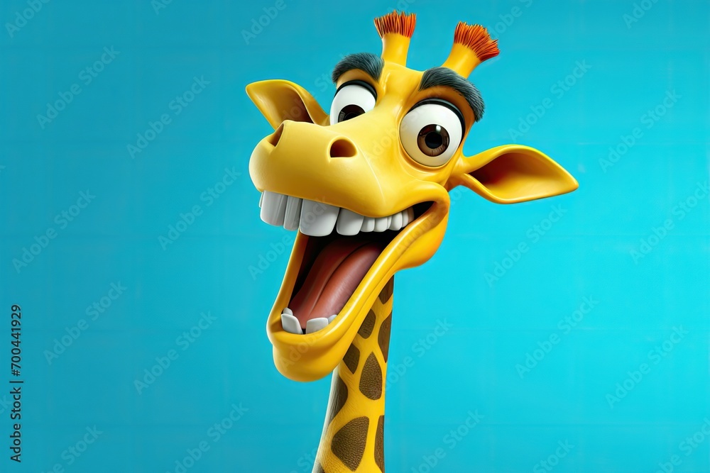 Naklejka premium Laughing giraffe with blue background, close-up