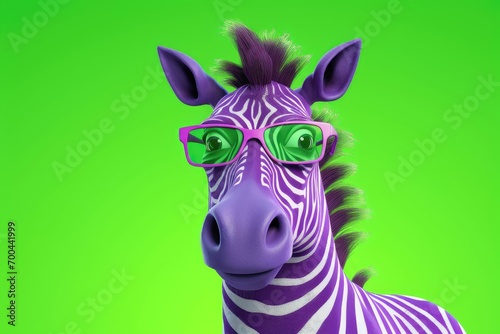 Quirky zebra with glasses, striking purple stripes