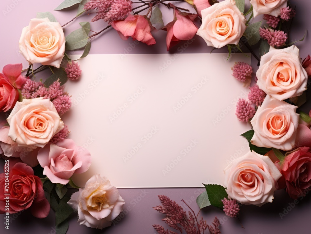 White blank greeting card on the pink background with flowers, love letter White blank greeting card on the pink background with flowers, love letter