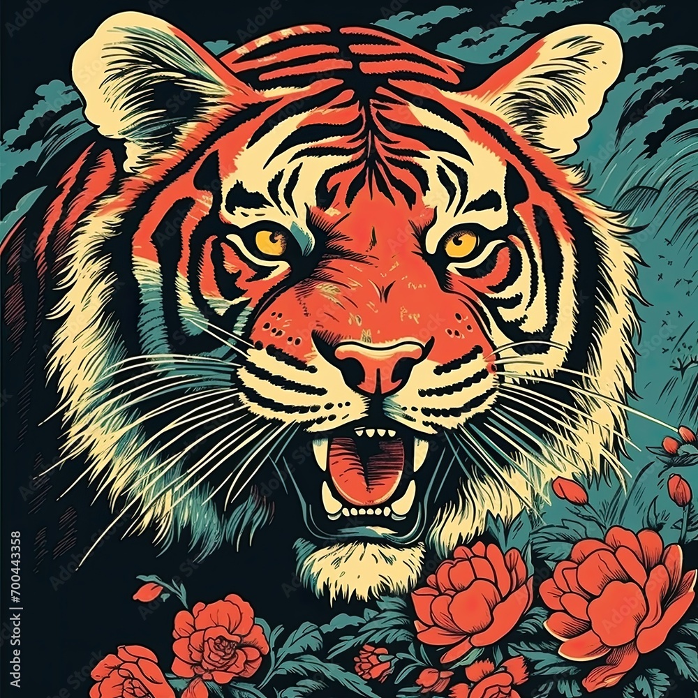 Art life of tiger in nature, Art of life animal block print style Art