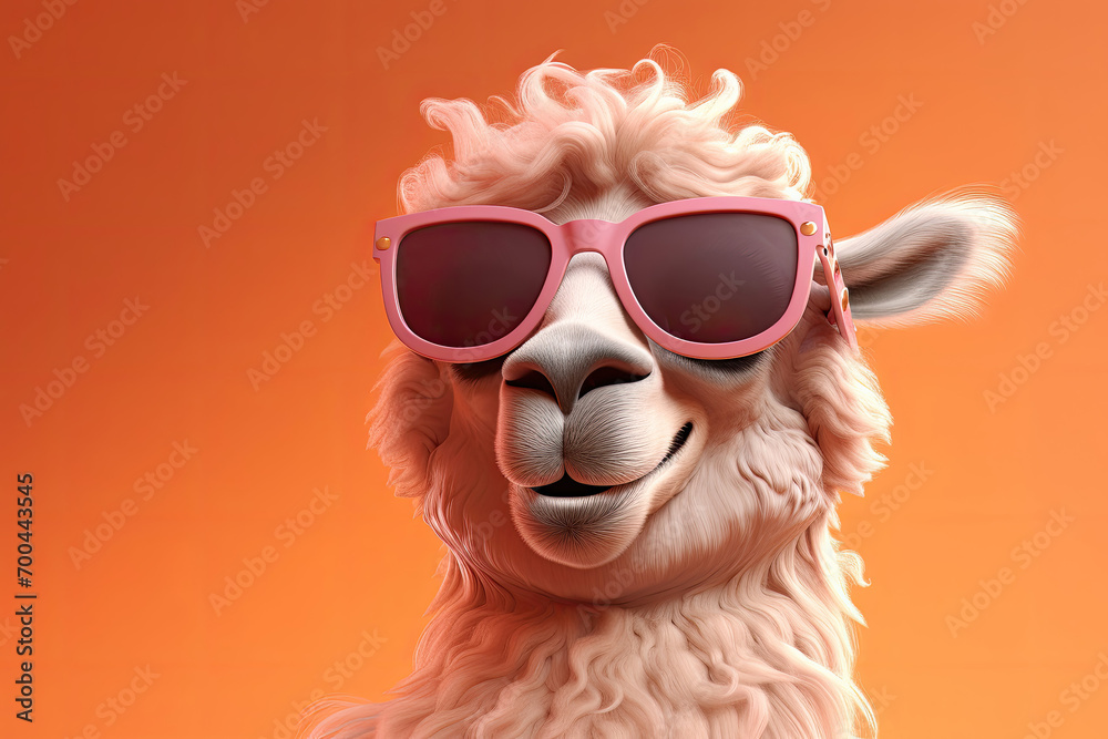 Alpaca in pink shades, orange background with a content smile