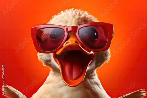 Animated duck with oversized sunglasses, vivacious red backdrop