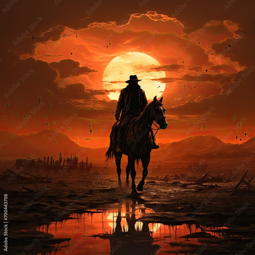 Silhouette art image of a cowboy riding a horse in a wide field  