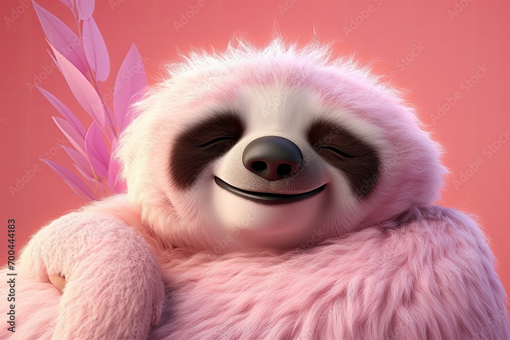 Fototapeta premium Joyful sloth with closed eyes, pink feathers in background