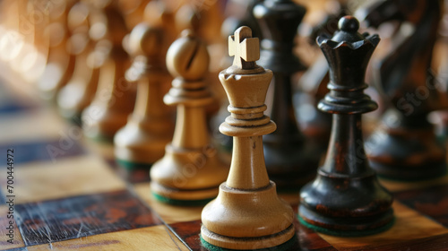 Chess pieces on a wooden board.