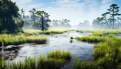 Tranquil Misty Marsh: Reflection of Nature's Beauty photo