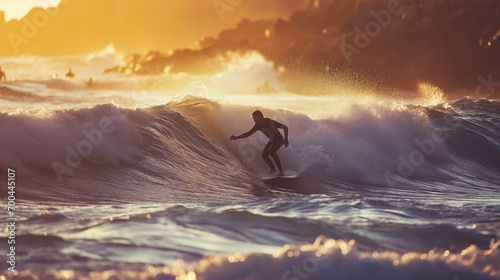 Surfer carving a golden wave.