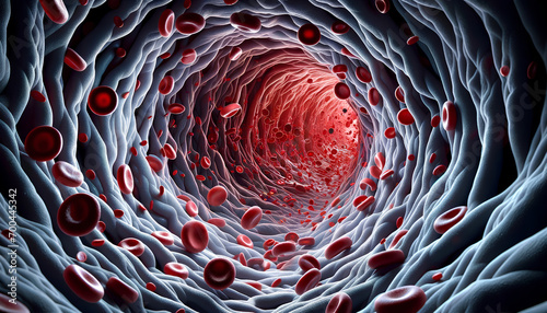 3D Rendered Red Blood Cells in Arterial Flow - Detailed Medical Illustration of Human Bloodstream. AI Generative.