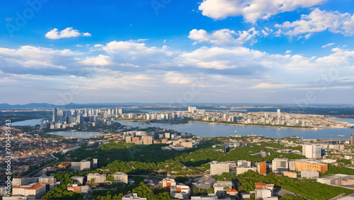 Green city, green roof, ecological city, urban planning, blue sky and white clouds