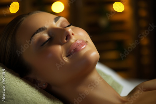 Face massage. Close-up of young woman getting spa massage treatment at beauty spa salon.Spa skin and body care. Facial beauty treatment.Cosmetology. © lelechka
