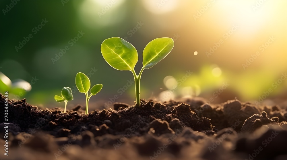 The seedling are growing from the rich soil to the morning sunlight that is shining, ecology concept The seedling are growing from the rich soil to the morning sunlight that is shining, ecology concept