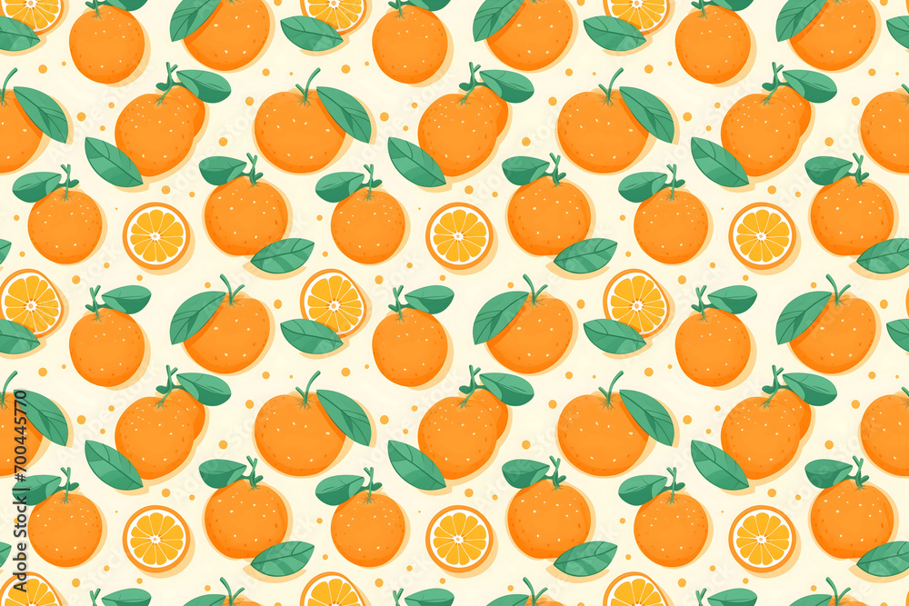 Seamless orange slices pattern, ideal for a vibrant kitchen wallpaper or cheerful citrus-themed textile designs.