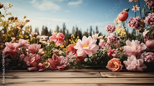 Flowers on an antique wooden background and nature, border design, vintage color tone - a conceptual flower of a spring or summer background, AI generative. © Анатолий Савицкий