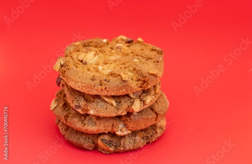Homemade Peanut Cookies or Biscuit Isolate on Red Background