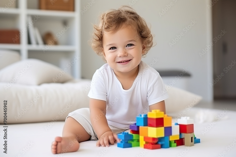 Baby playing with colorful blocks on carpet. Baby t-shirt mockup.
