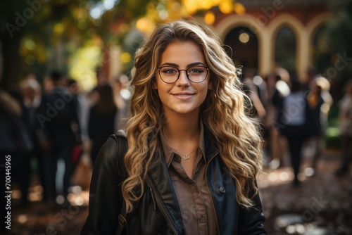 A student girl with a backpack and glasses in the park in autumn
