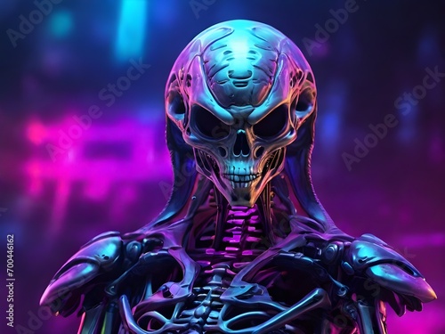 Epic alien skeleton in neon background. Human torso. Cyberpunk skull skeleton. Skeleton with skull and crossbones