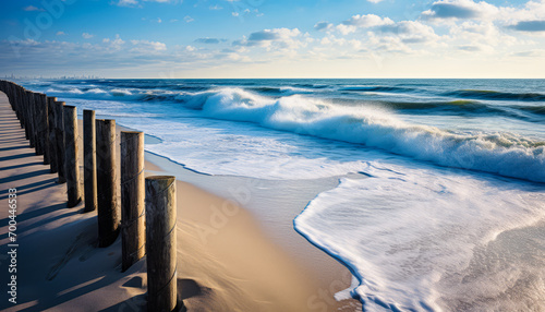 Scenic Seaside Day: Beach, Ocean Waves, and wooden fence © Graphic Dude
