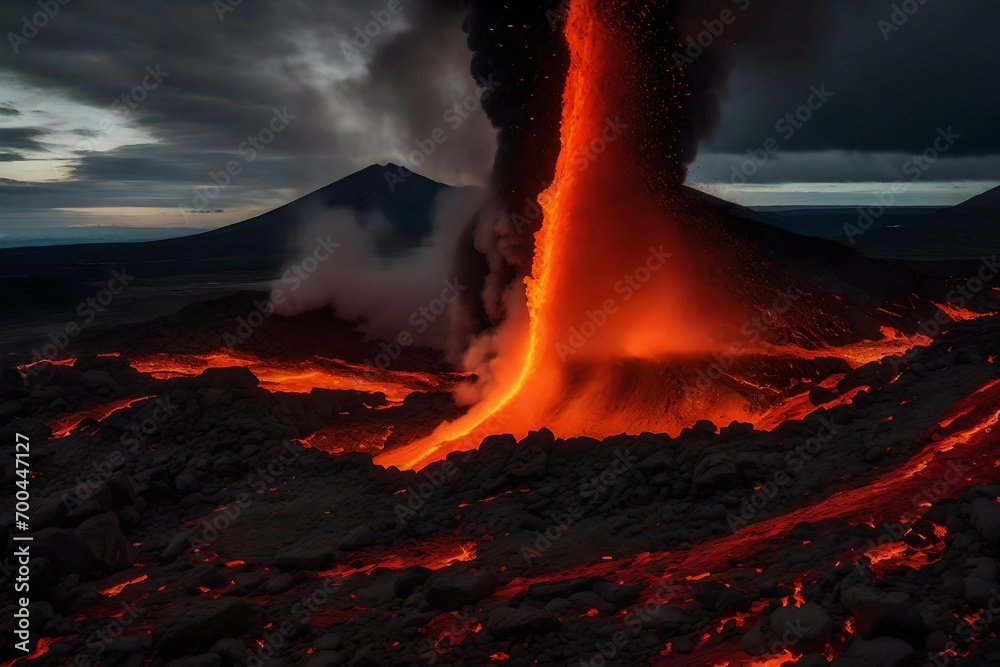  a vivid picture of volcanic erruption with lava spilling out in a surreal manner