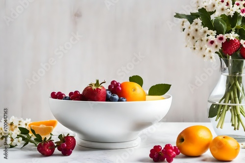 Photorealistic , minimalistic bowl of placement of fruit with flowers, white background, beautiful, delicious food, recipe photography