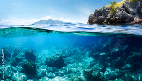 A Coral reef with a tropical island in the background © Graphic Dude
