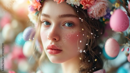 Youthful Spring Beauty with Easter Blossoms.
Young woman with Easter eggs and floral crown, spring beauty.