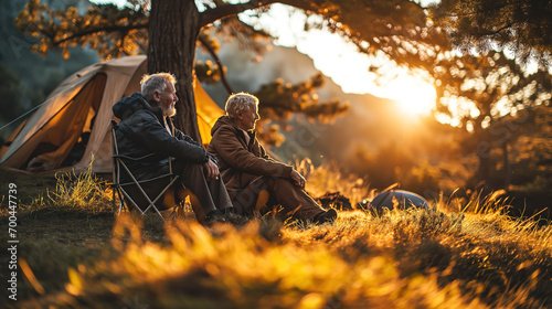 Portrait of a senior couple enjoying time outdoors camping, sitting on camping chairs on grass, glamping at evening. The concept of active age