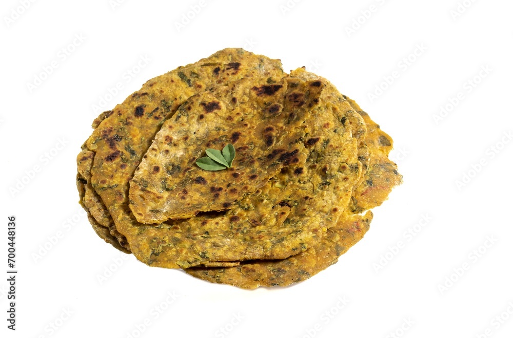 Methi Paratha or Fenugreek Paratha Isolated on White Background with Copy Space