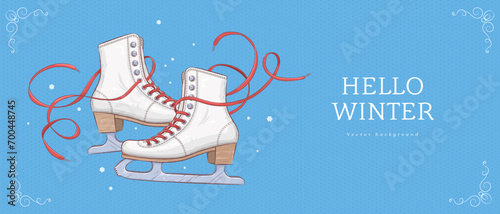 Hello winter horizontal banner of greeting card design template with hand drawn retro ice skate shoes on blue background. Vintage elegant style. Vector illustration