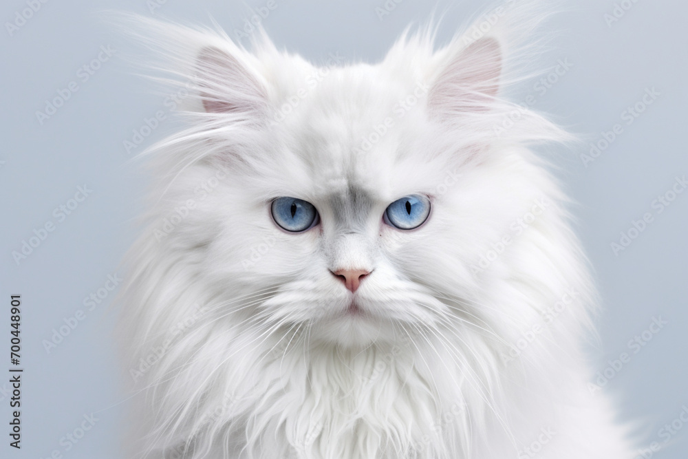 Turkish Angora cat close-up portrait on a white background.