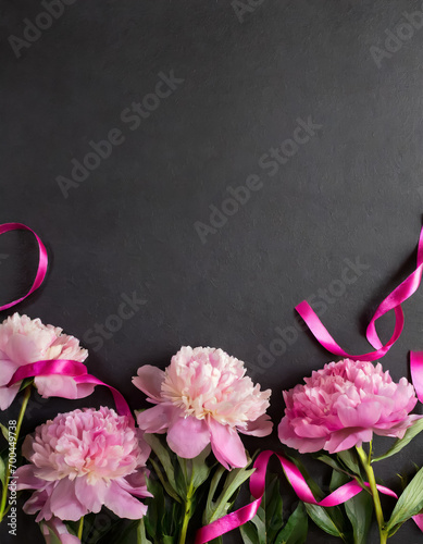 Peonies flowers background with copy space for text. Woman's Day and Mother's Day greeting card.
