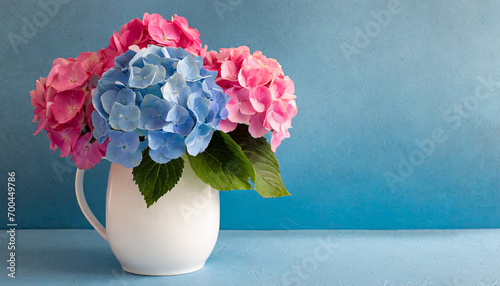 Hydrangea floral background with copy space for text. Mother's Day and Woman's Day greeting card.