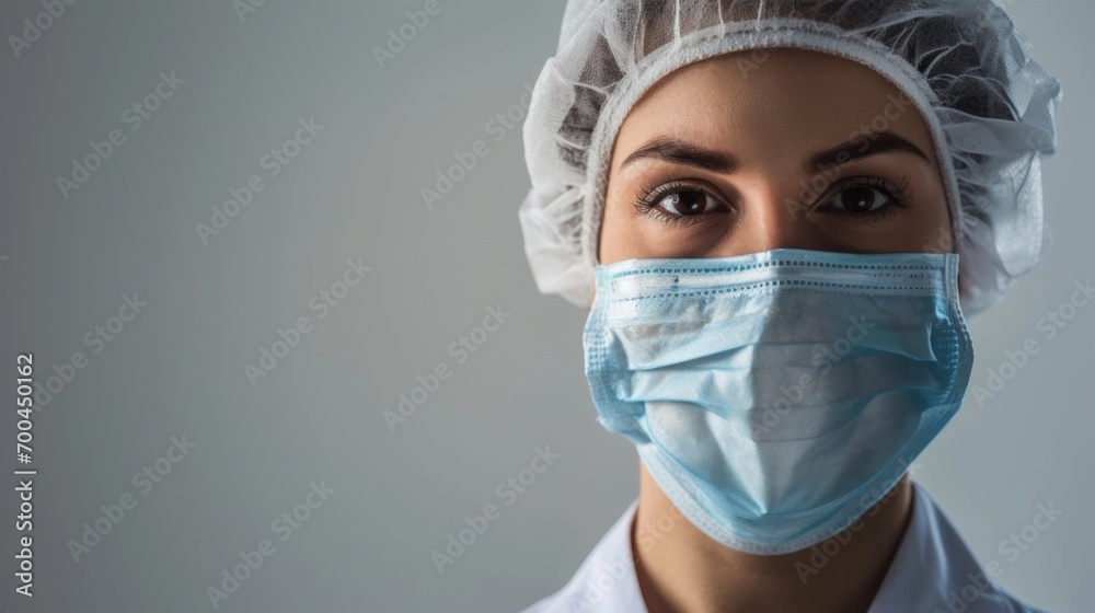 A female doctor is wearing a hygienic face surgical medical mask. Banner panorama medical staff preventive gear. copy space A female doctor is wearing a hygienic face surgical medical mask. Banner panorama medical staff preventive gear. copy space