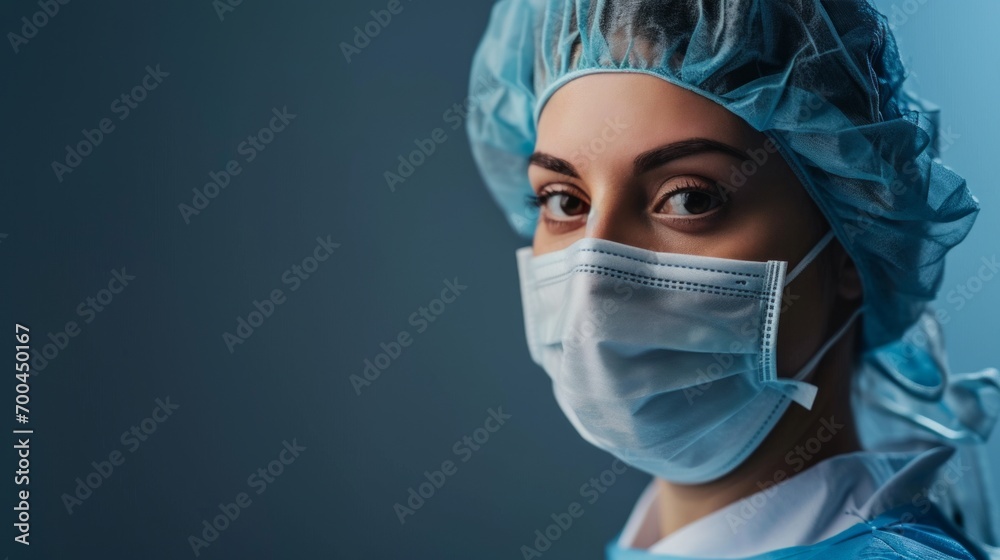 A female doctor is wearing a hygienic face surgical medical mask. Banner panorama medical staff preventive gear. copy space A female doctor is wearing a hygienic face surgical medical mask. Banner panorama medical staff preventive gear. copy space