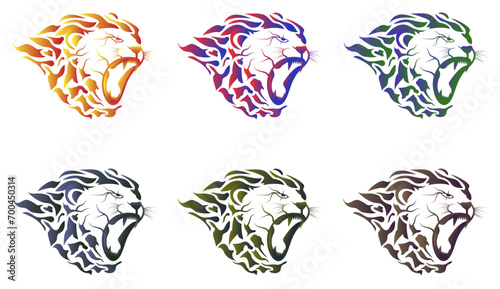 Set of colorful fire lion head logos. the lion opened his mouth.