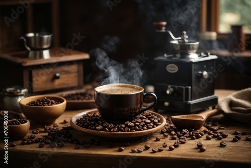Close-up of a cup of hot fresh steamed coffee with beans on an atmospheric vintage wooden background.
