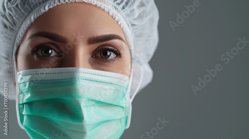 A female doctor is wearing a hygienic face surgical medical mask. Banner panorama medical staff preventive gear. copy space