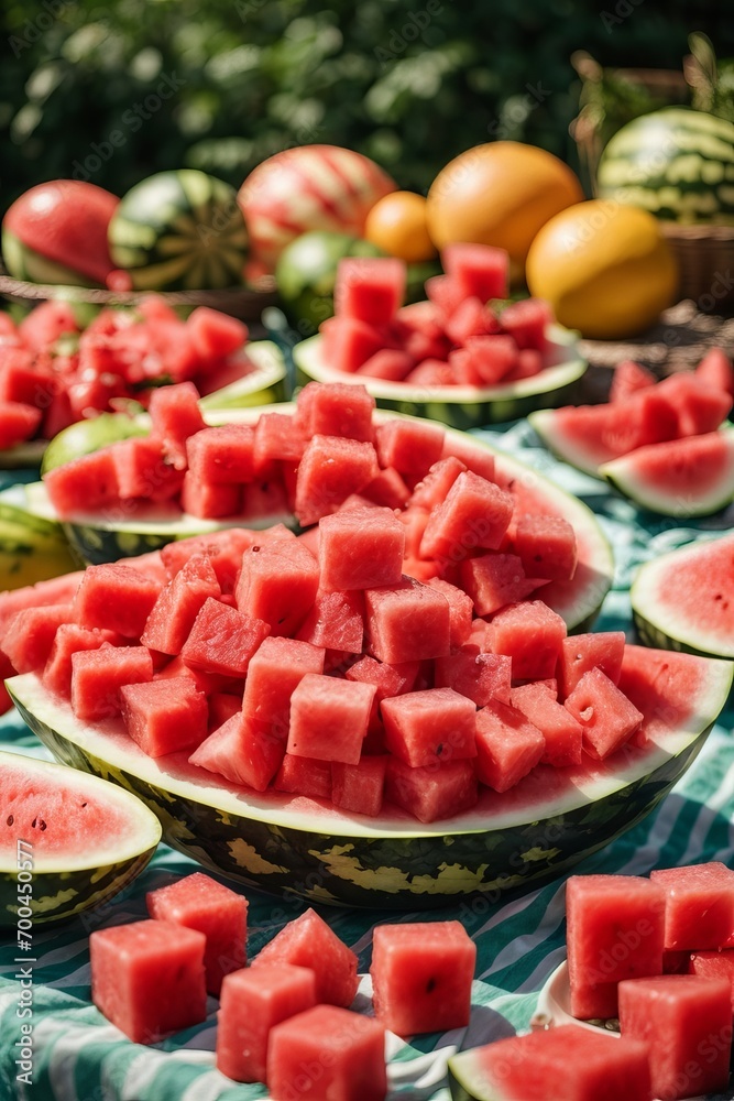Close-up of many pieces and whole watermelons on a pink background. Summer background, food.