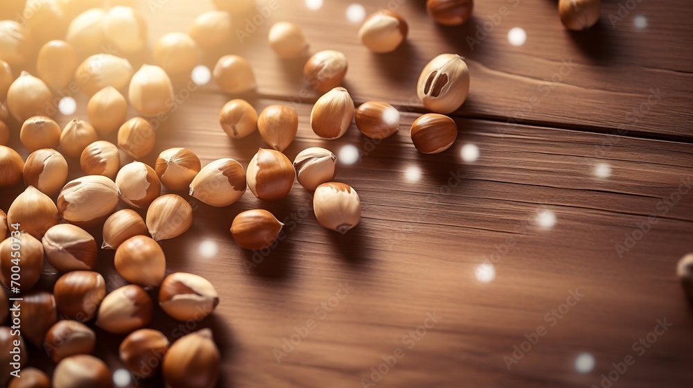 Generative AI : hazelnuts spilled on light wood table Generative AI : hazelnuts spilled on light wood table