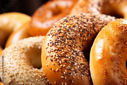 Generative AI : extreme close up of the different bagels food photo photo
