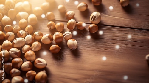 Generative AI : hazelnuts spilled on light wood table