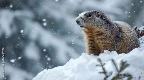 Winter landscape animal photography featuring a squirrel in its habitat. 