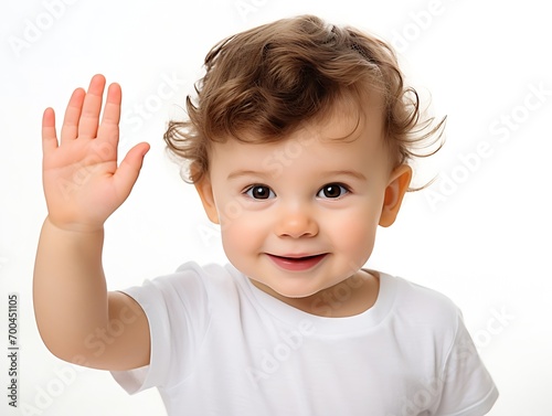Generative AI : Baby waving right hand isolated on white