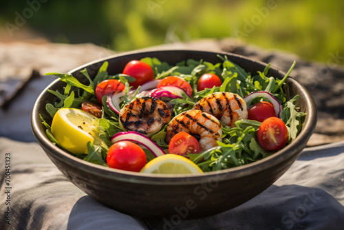 A healthy grilled shrimp salad with mixed greens, cherry tomatoes, and sliced red onions served in a bowl outdoors.