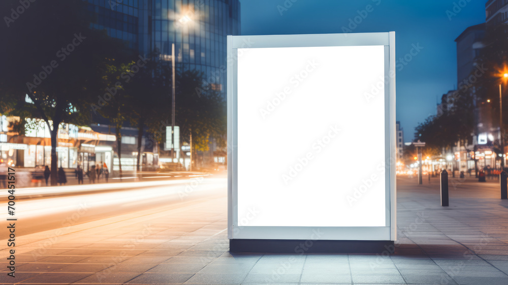 Night cityscape with illuminated blank billboard for advertising, dynamic street. Generative AI Night cityscape with illuminated blank billboard for advertising, dynamic street. Generative AI