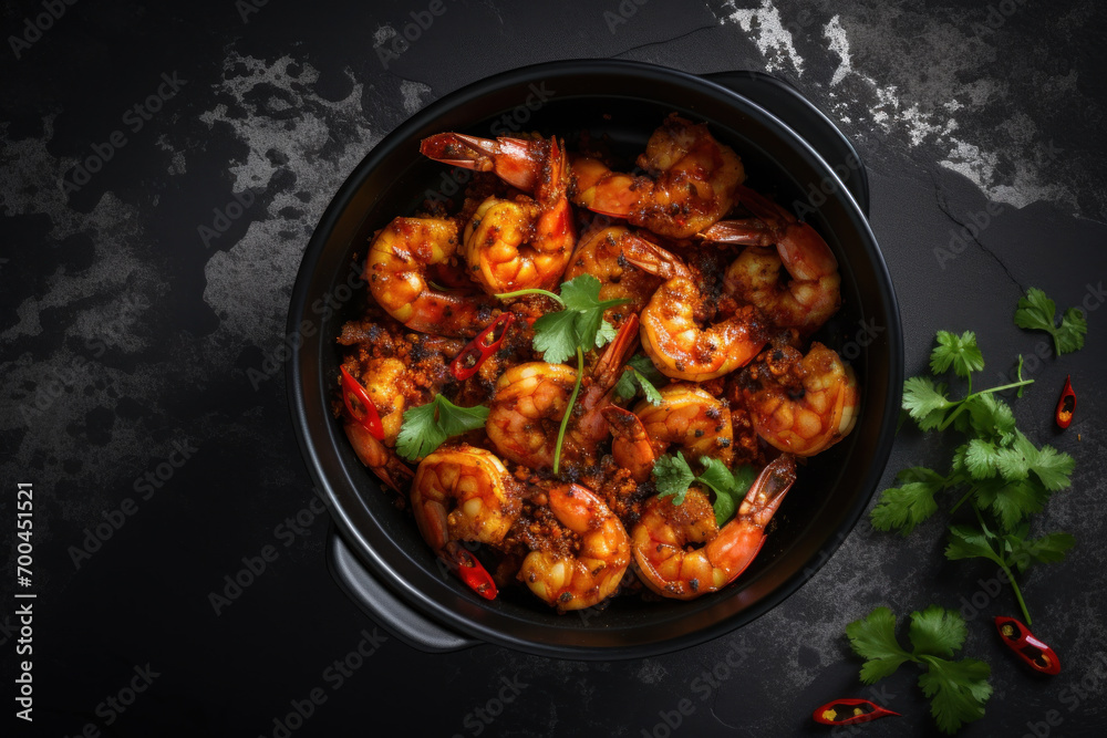 A spicy shrimp with herbs and red chili peppers in a black bowl, ready to be served. A spicy shrimp with herbs and red chili peppers in a black bowl, ready to be served.