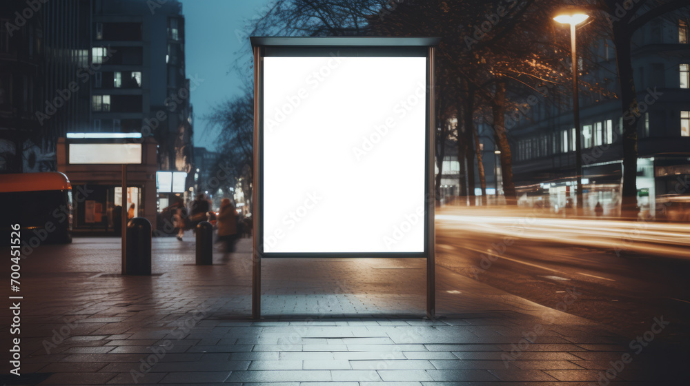 Night view of an illuminated blank billboard on a busy city street. Urban advertising concept. Generative AI - obrazy, fototapety, plakaty 
