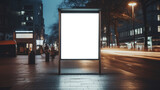 Night view of an illuminated blank billboard on a busy city street. Urban advertising concept. Generative AI
