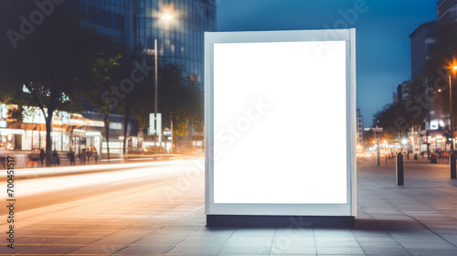 Night cityscape with illuminated blank billboard for advertising  dynamic street. Generative AI