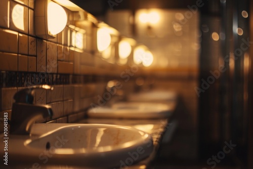 A row of sinks in a public restroom. Suitable for depicting hygiene, cleanliness, and public facilities